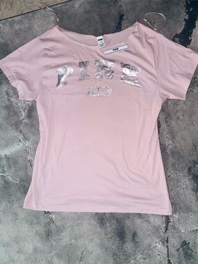 Victorias Secret Pink silver foil tee shirt Medium NWT